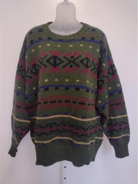 Vintage British Khaki Robert Lighton Mens Cotton Sweater L Taiwan Geometric Knit